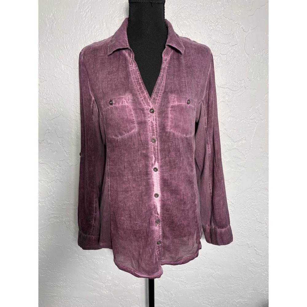 Elan Womens Purple Acid Wash Corduroyโ Trim Mixed Media Button Up Shirt Medium